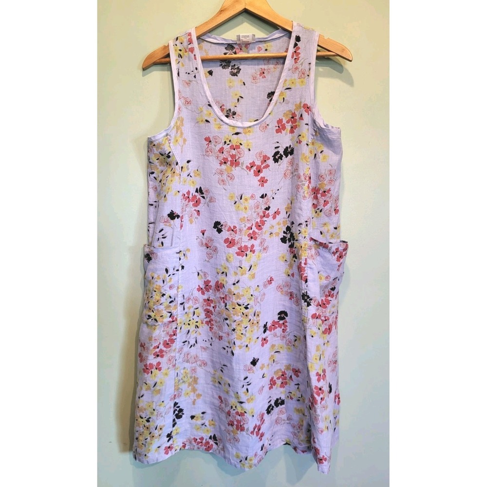 Habitat Blue Floral Linen Sleeveless A-line Casual Dress Pockets Sz M